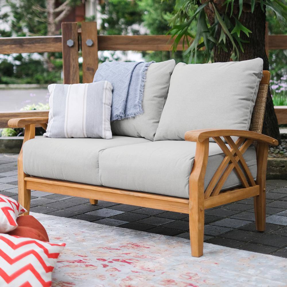 Cambridge Casual Carmel Teak Wood Outdoor Loveseat with Oyster Cushion 141617TWXXOYHT The
