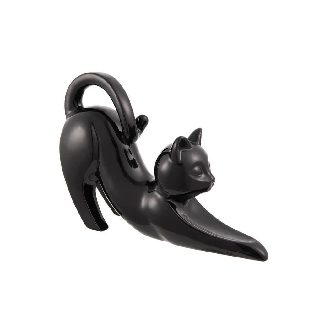 Stretching Cat Black Ceramic Figurine