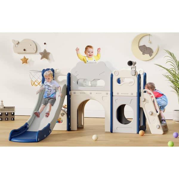 SEEUTEK Imke 7.2 ft. 8-In-1 Blue Gray Toddler Slide Kids Indoor Slide for Toddler 1 to 3, Indoor Outdoor Toddler Slide Playset