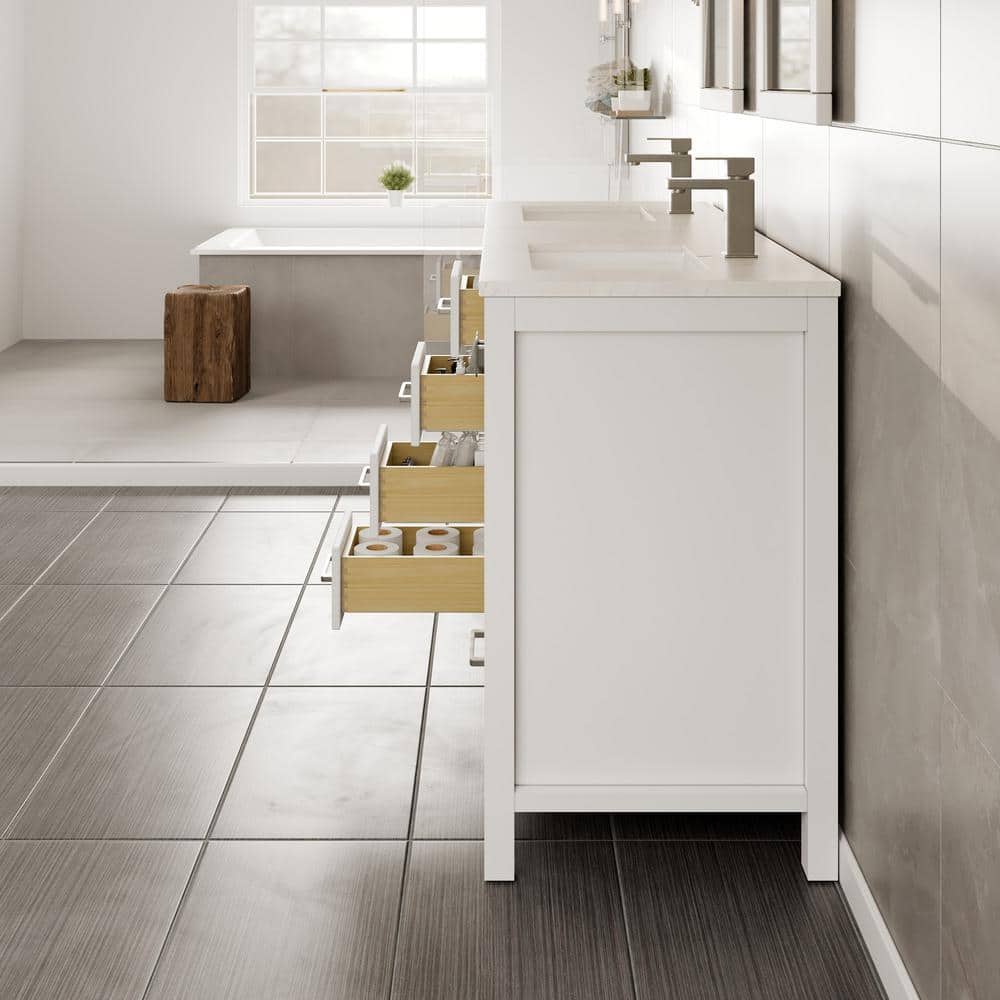 London Double Sink White Bathroom Vanity with Carrara Quartz Countertop