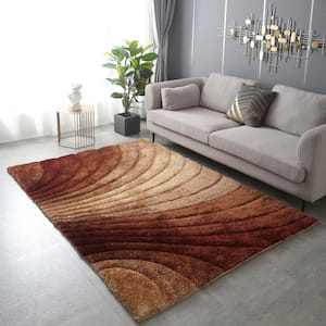 2 Tone Brown Swirl 8 ft. x 11 ft. Solid Polyester Rectangle 3D Shaggy Hand Tufted Area Rug