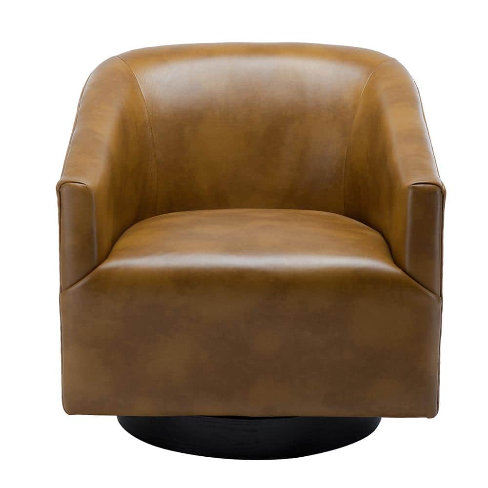 Gaven Camel Faux Leather Swivel Barrel Chair with Wood Base