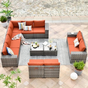 Tahoe Grey 12-Piece Wicker Wide Arm Outdoor Patio Conversation Sofa Seating Set with Orange Red Cushions