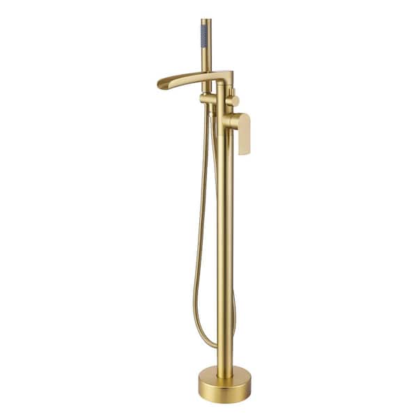 FLG Single-Handle Waterfall Claw Foot Freestanding Tub Faucet with Hand Shower Floor Mount Bathtub Filler in Brushed Gold