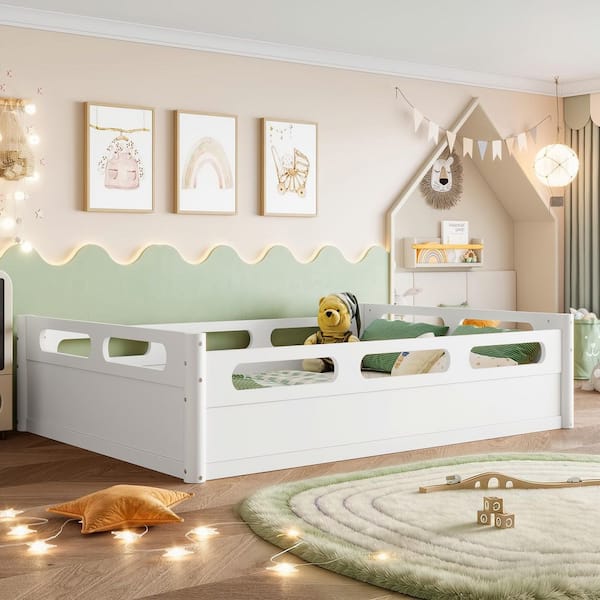 Anemone White Wood Frame Full Size Floor Platform Bed with Full-length Guardrails