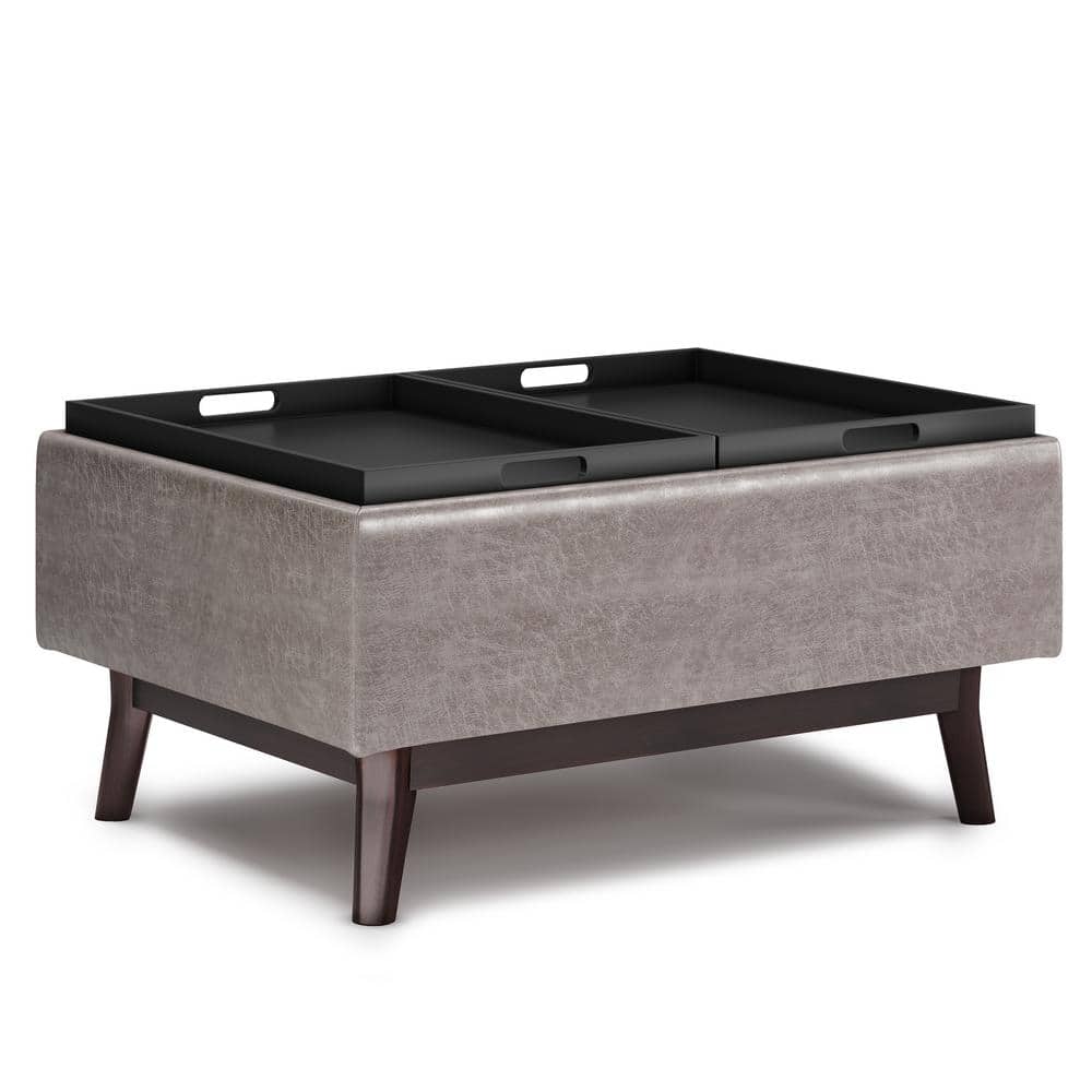 Owen Mid Century Modern Distressed Grey Storage Ottoman with Tray Top