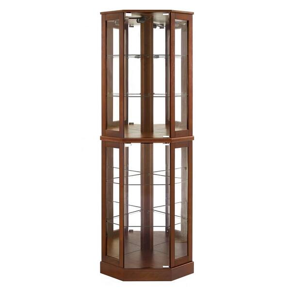 GOOD & GRACIOUS Walnut Finish Corner Curio Display Cabinet with Mirrors,  Lights and Adjustable Shelves HDCUJHCA014-WNT - The Home Depot