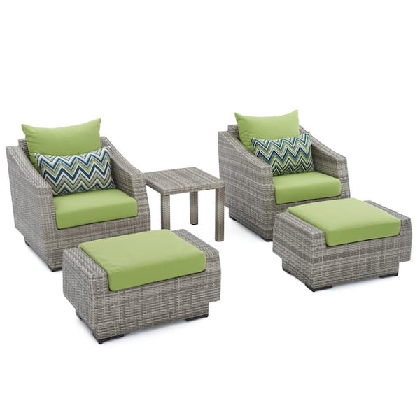 RST Brands Cannes 5-Piece All-Weather Wicker Patio Club Chair and Ottoman Conversation Set with Sunbrella Ginkgo Green Cushions