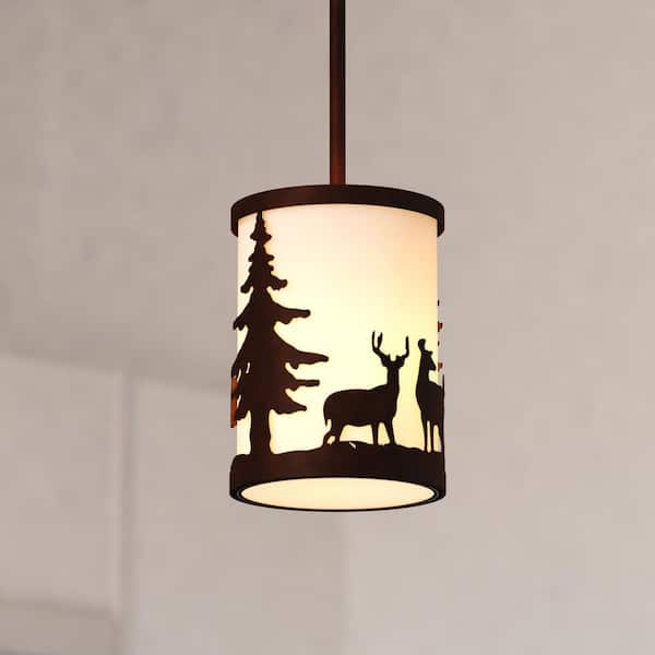Acadia 1 Light Bronze Rustic Mini Pendant Light Ceiling Fixture White Linen Shade Deer and Tree