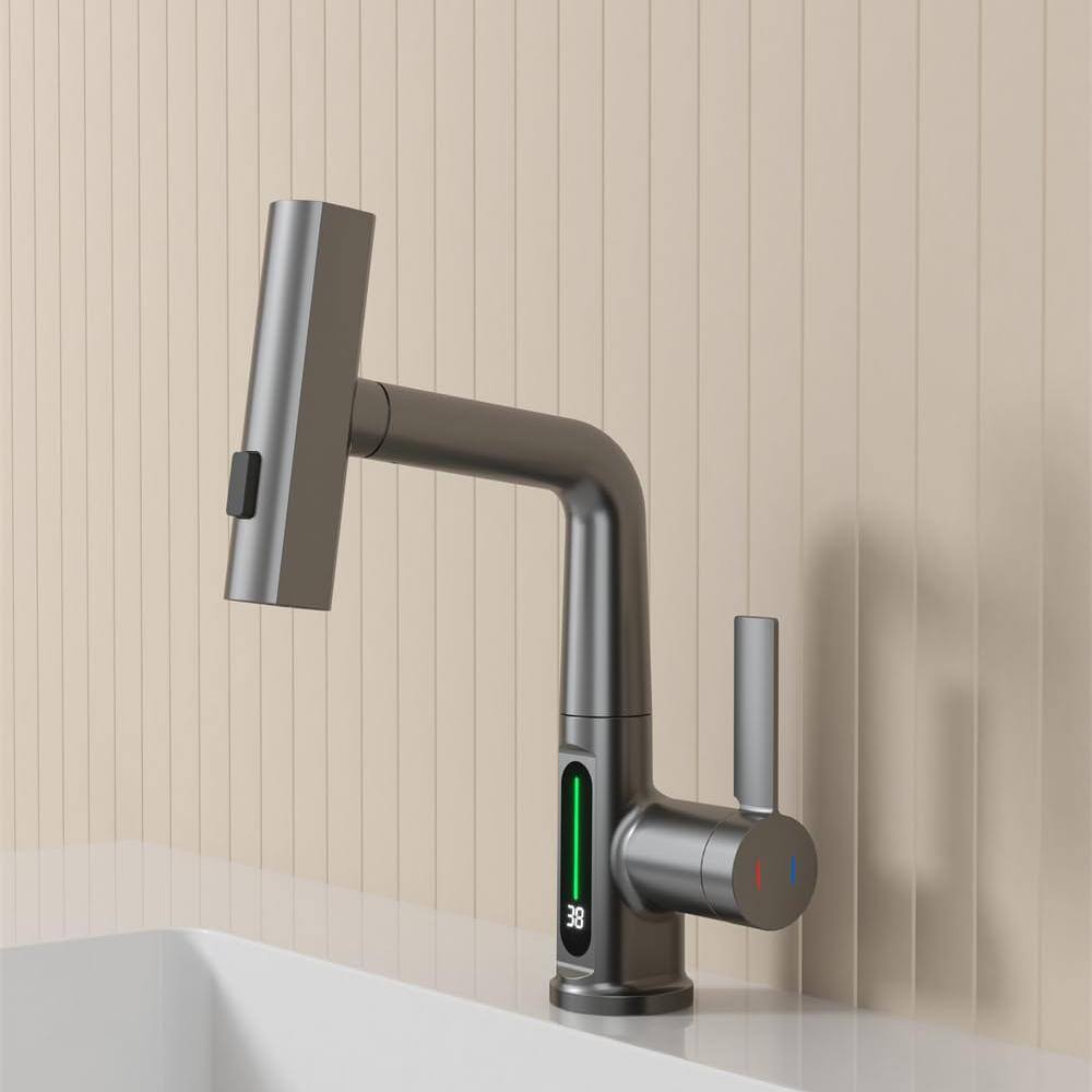 Gray Single Handle Pull-Out Sprayer Bathroom Faucet with LED Display