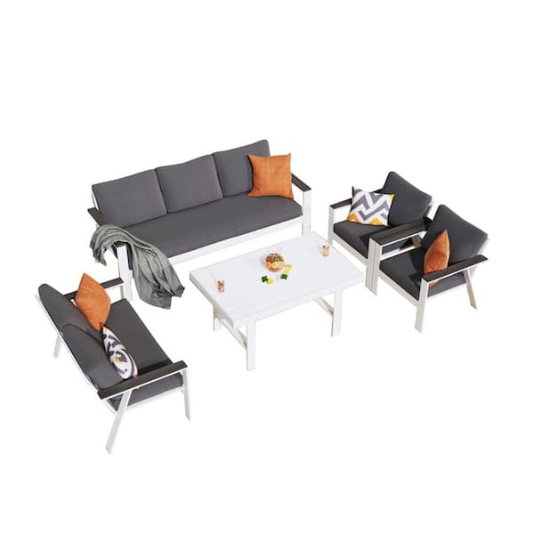 ANGELES HOME 5-Piece Aluminum Patio Conversation Set and Coffee Table with Gray Cushions