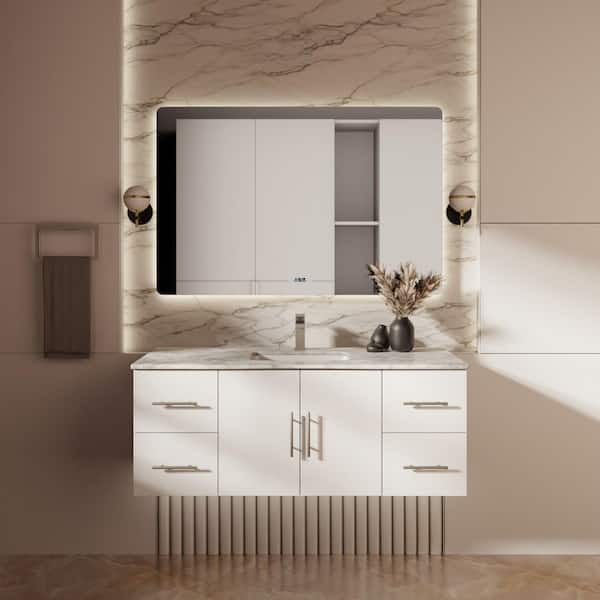 Geneva 48 in. W x 22 in. D Glossy White Bath Vanity, Carrara Marble Top, Faucet Set and 48 in. LED Mirror