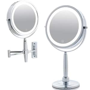 Small Round Polished Chrome Lighted Tilting 3-in-1 Makeup Mirror Set (16.1 in. H x 5.6 in. W)