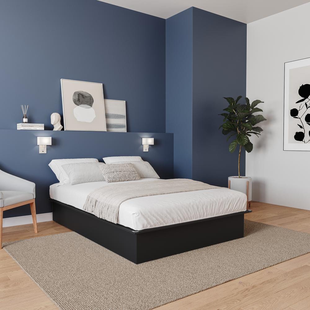 Black Full Platform Bed with Wood Frame