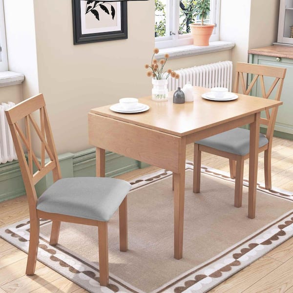 3-Piece Rectangular Natural Wood Top Dining Table Set Seats 2 with Drop Leaf Dining Table and 2 Upholstered Chairs