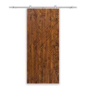 Chevron Arrow 32 in. x 84 in. Fully Assembled Solid Core Walnut Stained Wood Modern Sliding Barn Door with Hardware Kit