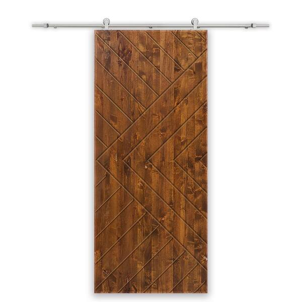 CALHOME Chevron Arrow 32 in. x 84 in. Fully Assembled Solid Core Walnut Stained Wood Modern Sliding Barn Door with Hardware Kit