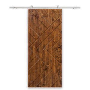 Chevron Arrow 38 in. x 96 in. Fully Assembled Solid Core Walnut Stained Wood Modern Sliding Barn Door with Hardware Kit