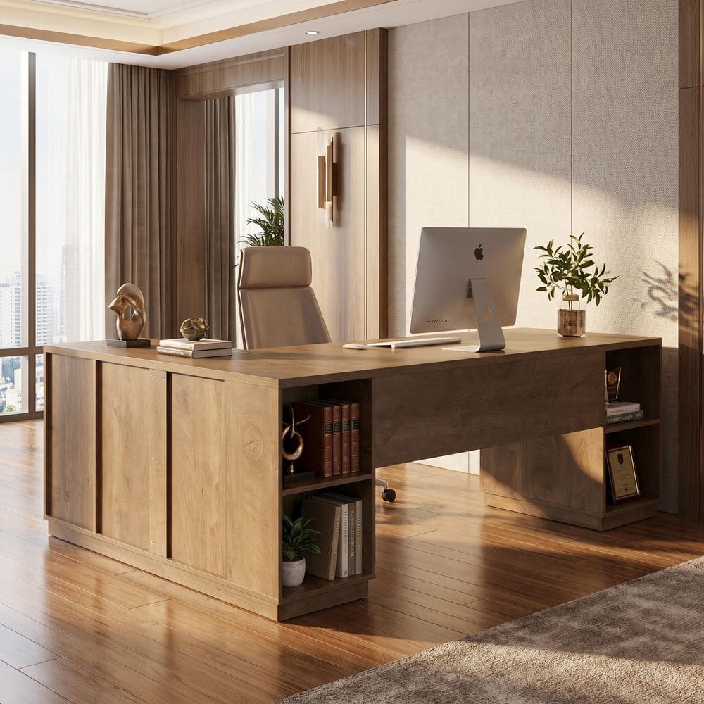 Capen 78.7 in. L Shaped Oak Brown Large Executive Desk with Shelves, Cabinet, Drawers for Home Office