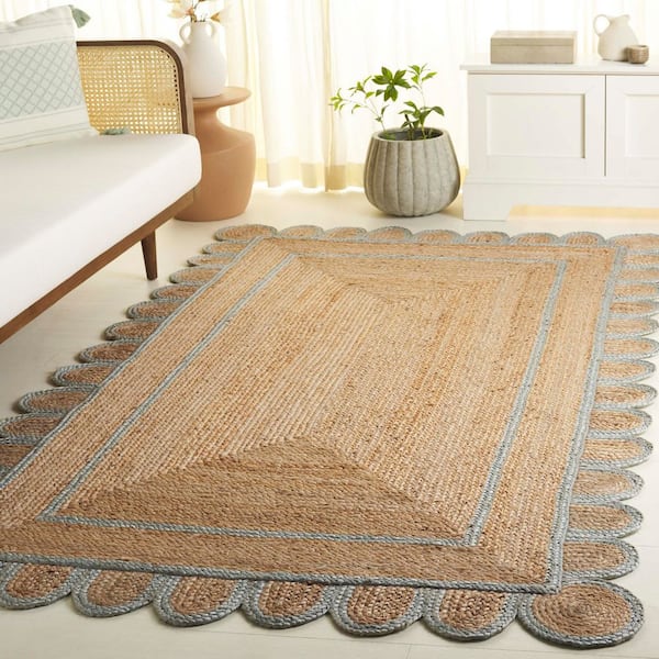 Natural Fiber 3 ft. x 5 ft. Natural/Light Blue Floral Border Woven Area Rug