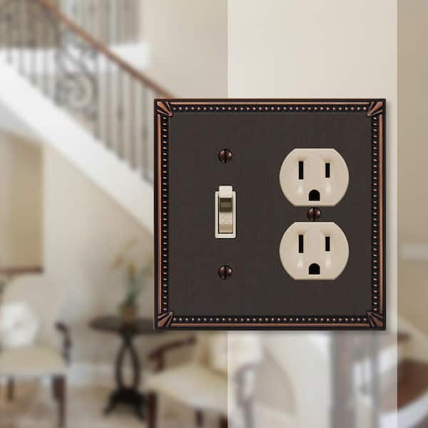 Imperial Bead 2 Gang 1-Toggle and 1-Duplex Metal Wall Plate - Aged Bronze