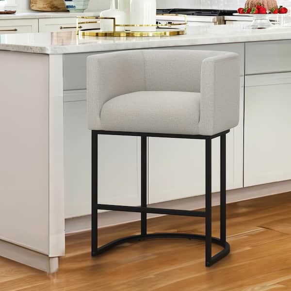 LUE BONA Jessica 26 in.Cream Gray Modern Counter Bar Stool Fabric Upholstered Barrel Counter Stool with Metal Frame