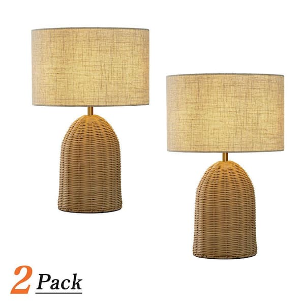 20 in. Natural Rattan Bedside Table Lamp Coastal aged brass Nightstand Lamp with Beige Fabric Shade for Bedroom(2 Pack)