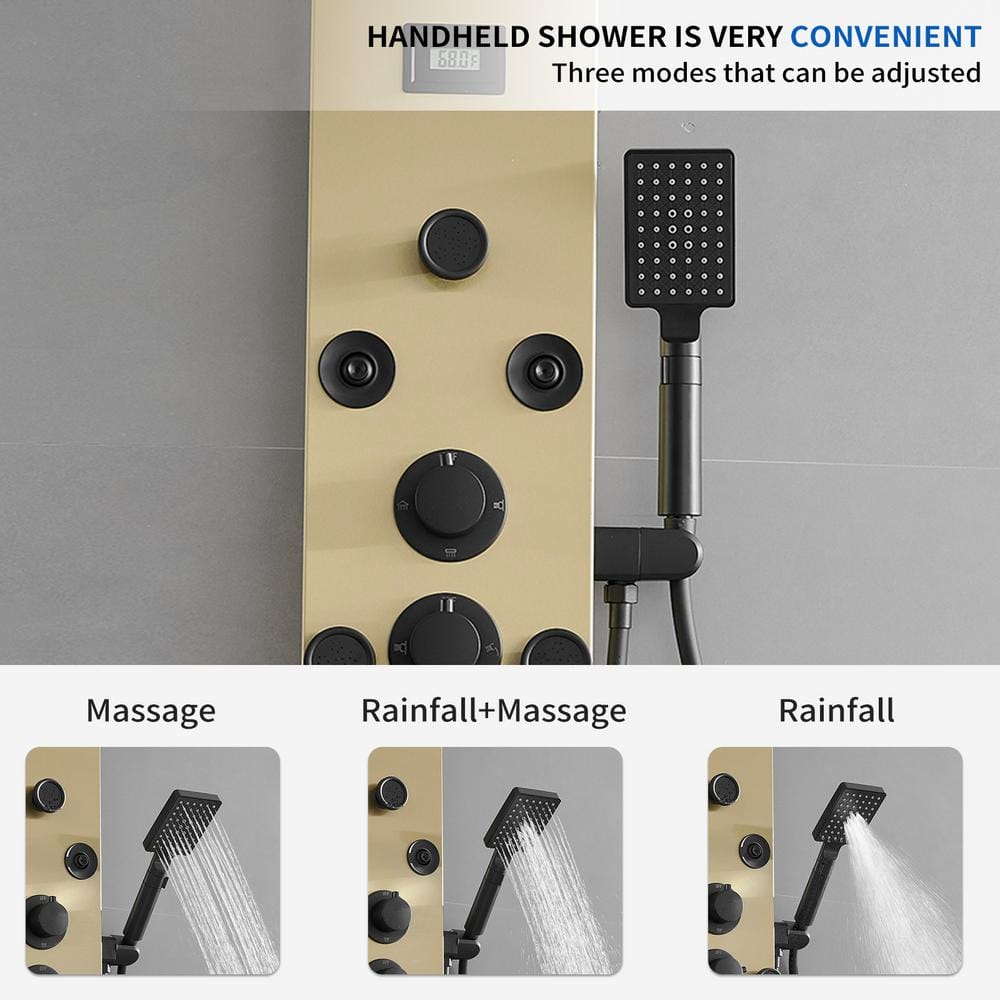 Gold and Black Brass Shower Panel System with Rainfall Shower Head