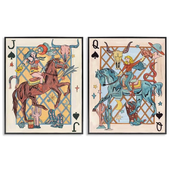 Western Cowgirl Playing Cards by Melissa Wang 2 Pieces Black Framed People Giclee Art Print 30 in. x 24 in.