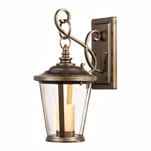 Bellingham 14.5 in. Oil-Rubbed Bronze LED Outdoor Wall Lantern Sconce with Clear Glass and Amber Glass Candle