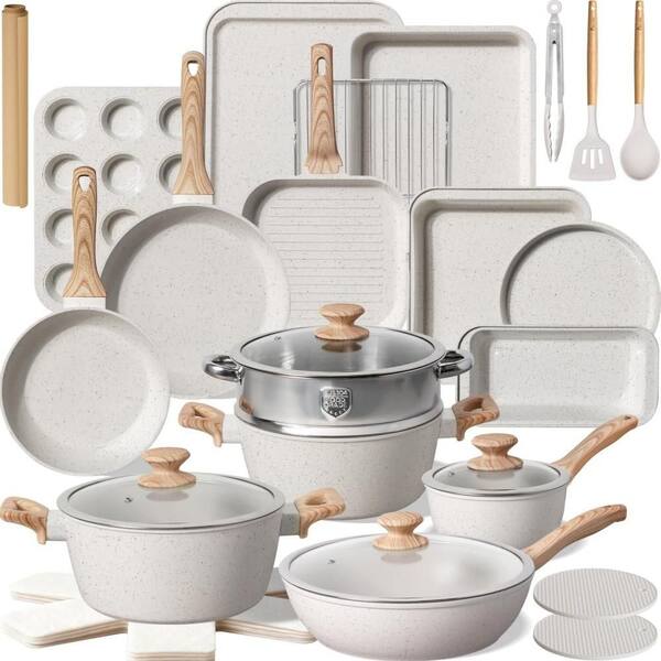 31 Piece Nonstick Cookware Set, Aluminum Carbon Steel Kitchen Cooking Pots Pans Set with Bakeware and Utensils, White