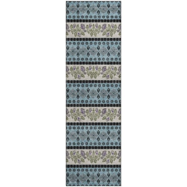 Mayfield Premium Machine Washable Abstract AMF2465 Aqua 2 ft. x 7 ft. Runner Rug