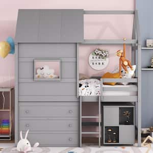 Gray Wood Frame Twin Size Low House Loft Bed with Movable Storage Desk and 3-Drawer Chest