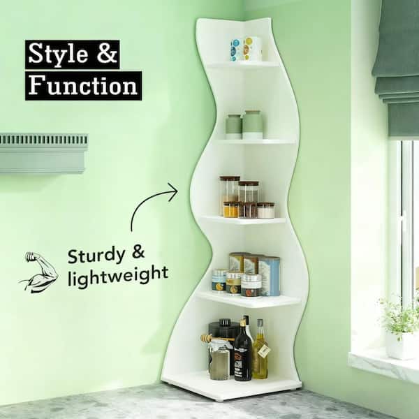 70 in. Tall White Engineered Wood Accent Bookcase, Corner Bookcase, Freestanding Display Shelf for Living Room, Bedroom