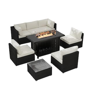 8-Piece Black Wicker Patio Conversation Set with Beige Cushions, 43 in. Propane Fire Table, Lid, Glass Wind Guard