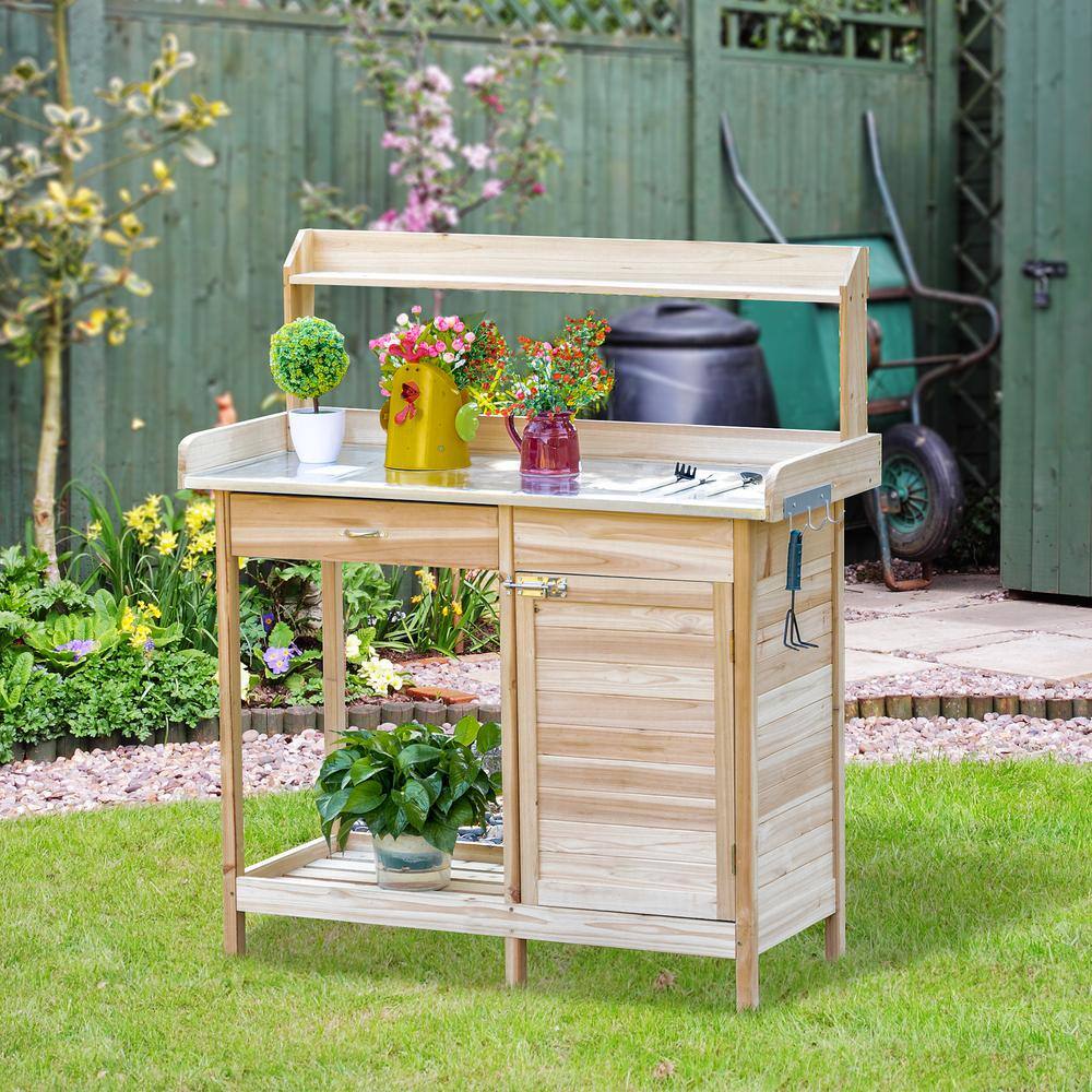 Natural Wood Potting Bench with Steel Tabletop and Storage Cabinet