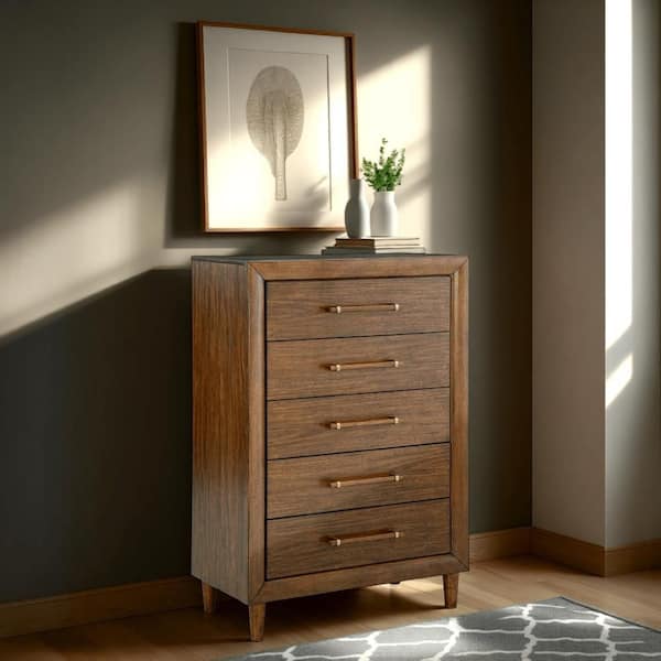 Benjara Jeyn Dark Brown 5-Drawer 36.38 in. Wide Tall Chest of Drawers Dresser Without Mirror