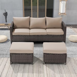 3-Seater Patio Brown Wicker Sofa set with Ottomans, Sand Cushion