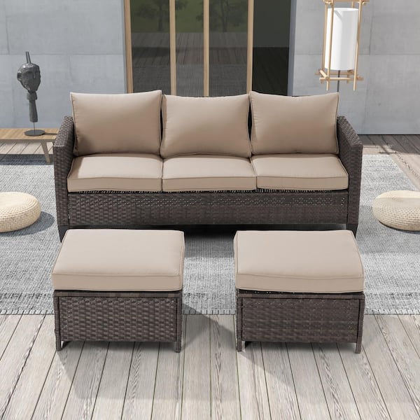 JOYESERY 3-Seater Patio Brown Wicker Sofa set with Ottomans, Sand Cushion