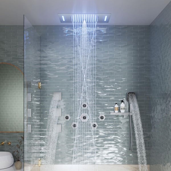 Luxury 7-Spray 23in x 15 in Thermostatic LED Ceiling Mount Dual Fixed and Handheld Shower Head 2.5 GPM in Brushed Nickel