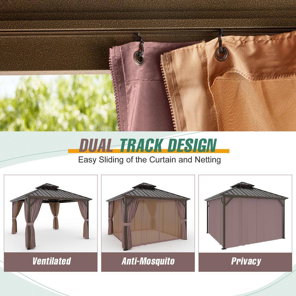 12 ft x 12 ft Brown Metal Patio Gazebo with Curtains