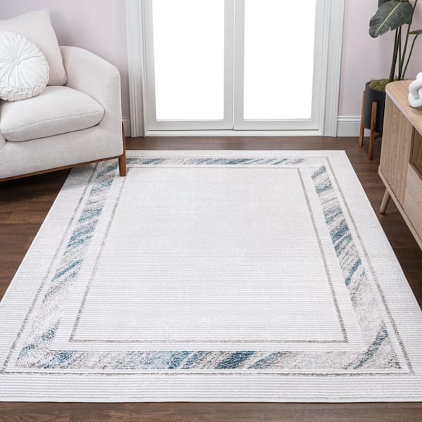 Athens Classic Border Marble Pattern High-Low Silver/Blue 8 ft. x 10 ft. Area Rug