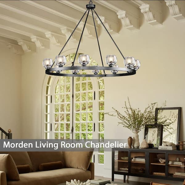 12 Lights 48 in. Dimmable LED Wagon Wheel Black Chandelier with Glass for Dinning Room Kitchen Island Foyer Bedroom