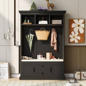 71 in. Black Wood 3-in-1 Hall Tree Coat Rack Entryway Bench with 3-Metal Double Hooks, 2-Drawers and Storage Cabinet