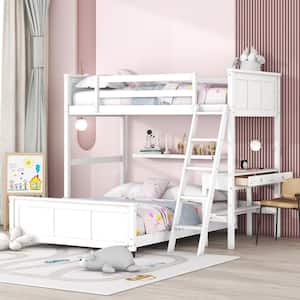 White Wood Frame Twin over Full Bunk Bed with Built-in Desk and 2-Drawer, Movable Lower Bed, Sloping Ladder