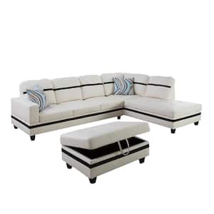 74.5in. W Square Arm 3-Piece Faux Leather L Shaped Sectional Sofa in White with Ottoman