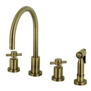 Concord 2-Handle Deck Mount Widespread Kitchen Faucets with Brass Sprayer in Antique Brass