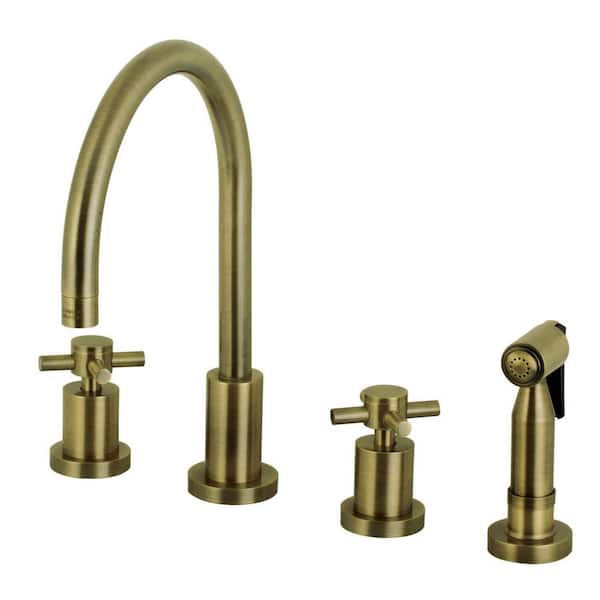 Kingston Brass Concord 2-Handle Deck Mount Widespread Kitchen Faucets with Brass Sprayer in Antique Brass
