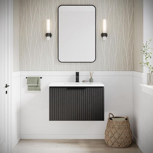 Elliot 30 in. W Single Sink Wall Hung Bath Vanity in Onyx Oak with White Quartz Top and Sink Unassembled