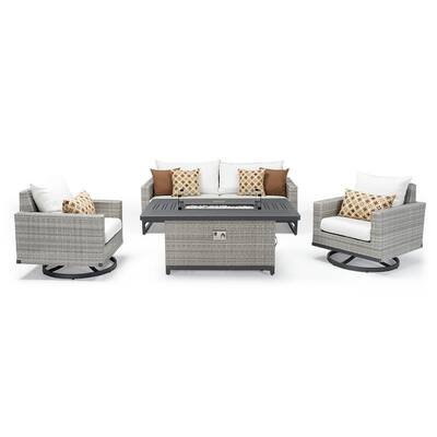 Milo Gray 4-Piece Wicker Patio Motion Fire Pit Conversation Set with Moroccan Cream Cushions
